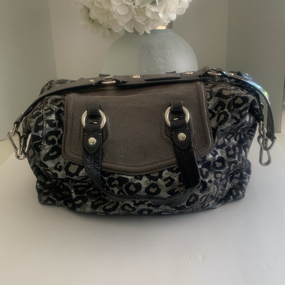 COACH ASHLEY OCELOT LEOPARD BLACK & SILVER METALLIC RARE SATCHEL - Picture 4 of 8